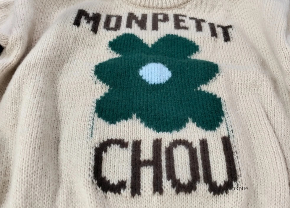 Girls' Letter Flower Pullover Sweater 2026 Spring and Autumn New Korean Children's Fashionable Knitted Sweater Casual Top