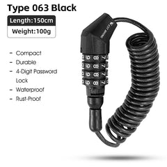 WEST BIKING Portable Bicycle Lock Password Rope Helmet Lock Bicycle Safety Lock Steel Wire Lock Mountain Bike Backpack Lock Zinc