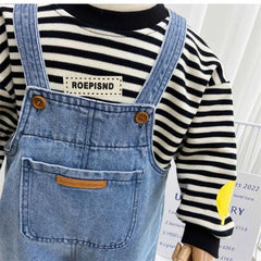 2025 Boys Overalls Girls Denim Backpack Children Solid Colour Pocket Trousers Kids Simple Fashion Casual Pant 2-8 Years Old