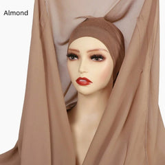 Premium Chiffon Hijab With Bulit-in Magnets Solid Color Easy To Wear Shawl Wrap With Undercap For Muslim Women