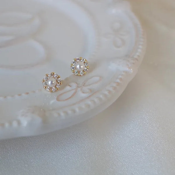 14K Gold Zircon Pearl Twist Stud Earrings for Women
