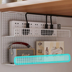 Close-up of metal under desk cable tray