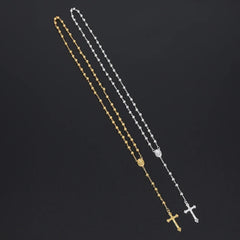 Gold Color Rosary Necklace For Women Men Long 6MM Beads Chain Crucifix Cross Pendant Religious Prayer Party Jewelry Gift