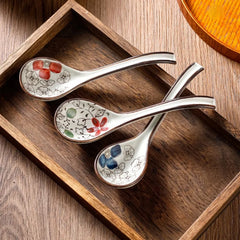 Soup Spoons Japanese Ceramic Kitchen Tableware Creative Retro Long-Handled Bone China Eating Scoop Dinnerware Stirring Teaspoon Kitchen Tools, Cooking Utensils