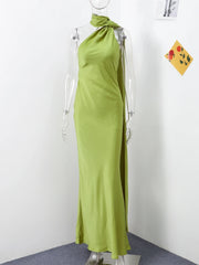 Elegant Ribbon Halter Dress Women Solid Off Shoulder Sleeveless Backless Slim Maxi Dresses 2025 Summer Autumn Party Robes Lady