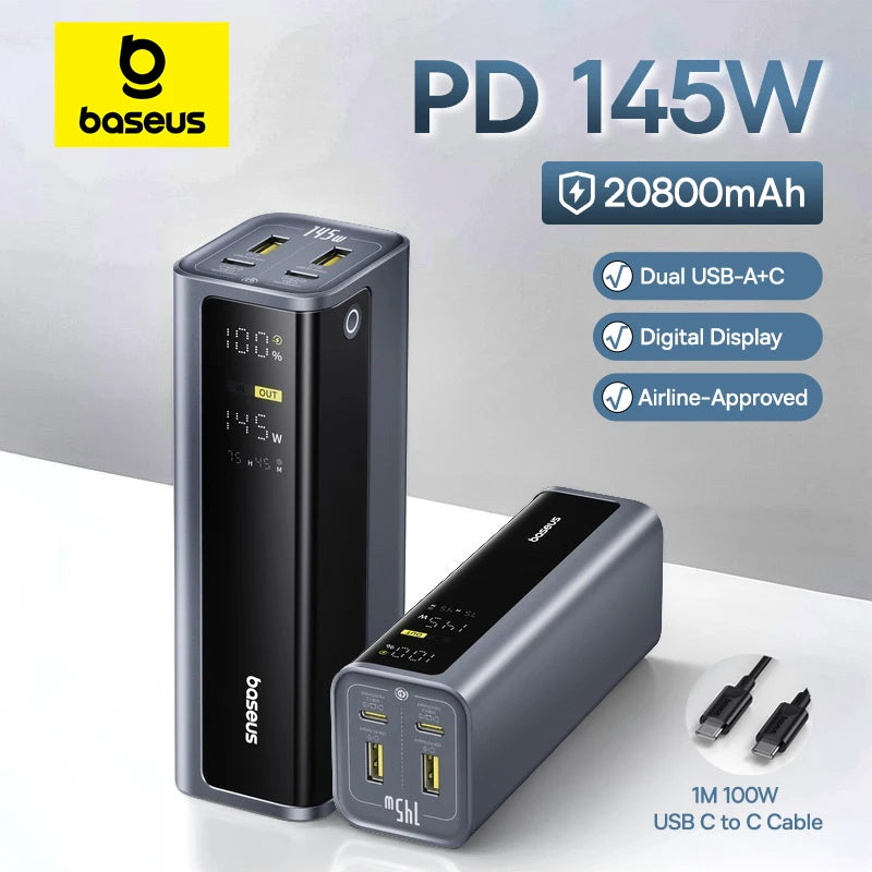 Baseus 145W Power Bank 20800mAh Dual USB A USB C PD 100W Fast Charging Digital Display Portable PowerBank for Laptop Phone Steam