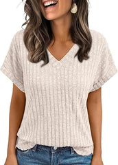 Women’s V-Neck Knit T-Shirt Casual Summer Top