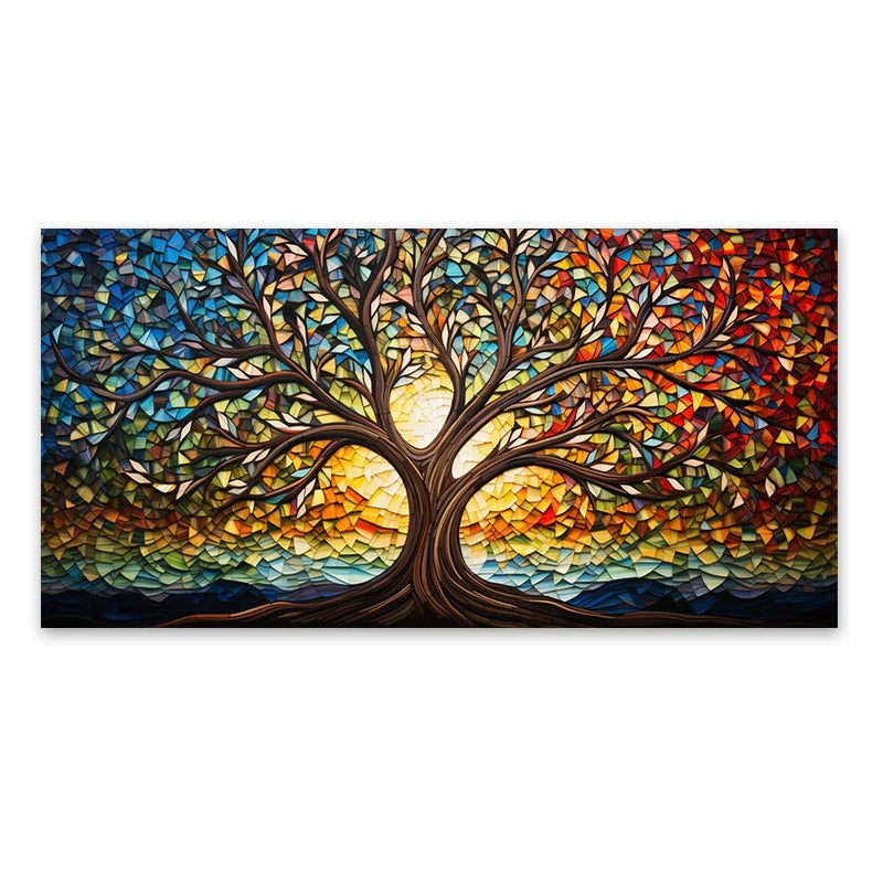 Colorful Mosaic Glass Canvas Painting,Tree of Life Artwork Canvas Print, Mythology Gift, for Living Room Office Home Decor