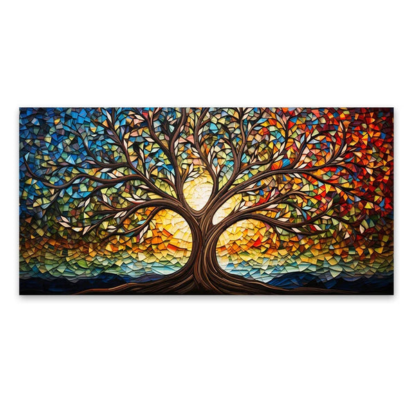 Colorful Mosaic Glass Canvas Painting,Tree of Life Artwork Canvas Print, Mythology Gift, for Living Room Office Home Decor