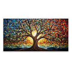 Colorful Mosaic Glass Canvas Painting,Tree of Life Artwork Canvas Print, Mythology Gift, for Living Room Office Home Decor