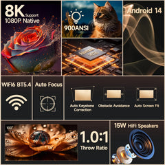Magcubic 900ANSI Android 14 Projector Auto Focus Support 8K Native 1080P With Wifi6 BT5.4 16G Allwinner H726 Portable HY350Max