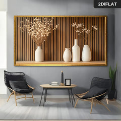 Modern Beige Vase Wall Art Canvas Painting, Frameless 2D Flat Decorative Poster for Living Room and Bedroom, Minimalist Wooden