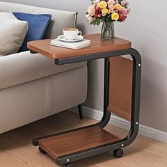 1pc Brown Rolling Side Table with Storage Bag - Solid Wood Table, C-Shaped Desk for Sofa and Bedside, Metal Frame Bedroom Furniture