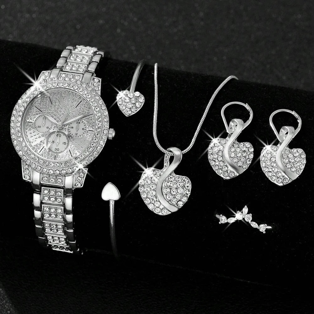 Women’s Gold Quartz Watch & Rhinestone Jewelry Set – Luxury Casual