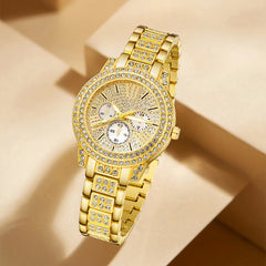 Women’s Gold Quartz Watch & Rhinestone Jewelry Set – Luxury Casual