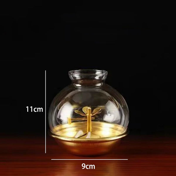 Golden Oil Lamp For Buddha With Glass Windproof Cover,Metal Buddhist Lantern Burner,Religious Candlestick Item