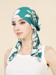 Muslim Fashion Print Hijab Turban Hats Long Tail Head Wraps Elastic Hijab Hats Breathable Chemo Cap For Women Girls