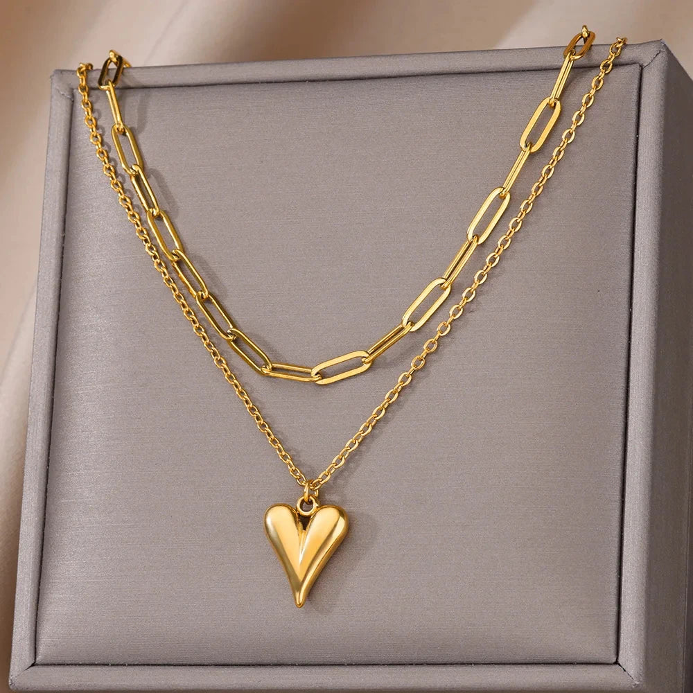 316L Stainless Steel Multilayer Heart Necklace Girls Goth Gold Color Clavicle Chain Charm Choker Jewelry Birthday Gift