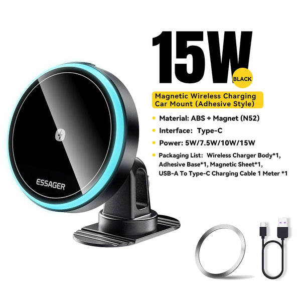 Essager 15W Magnetic Wireless Car Phone Holder Adjustable 360 Degrees Car Charger For IPhone15 14 13 Pro Samsung Universal Phone