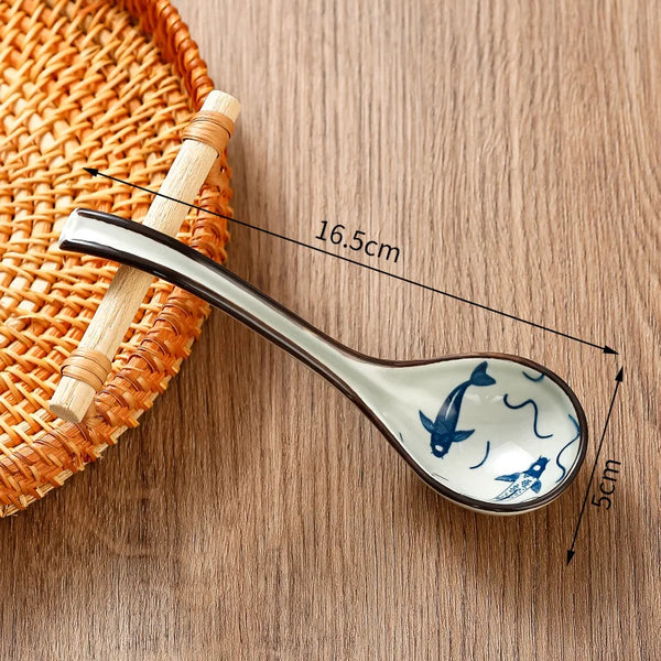 Soup Spoons Japanese Ceramic Kitchen Tableware Creative Retro Long-Handled Bone China Eating Scoop Dinnerware Stirring Teaspoon Kitchen Tools, Cooking Utensils