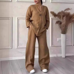 Women’s Cotton Linen 2-Piece Set – Blouse & Wide Leg Pants