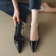 2024 New Summer Women's Dress Shoes Patent Leather Slip on Pointed Toe Sandals Buckle Slingbacks Mid Heels Pumps Sandalias Shoes