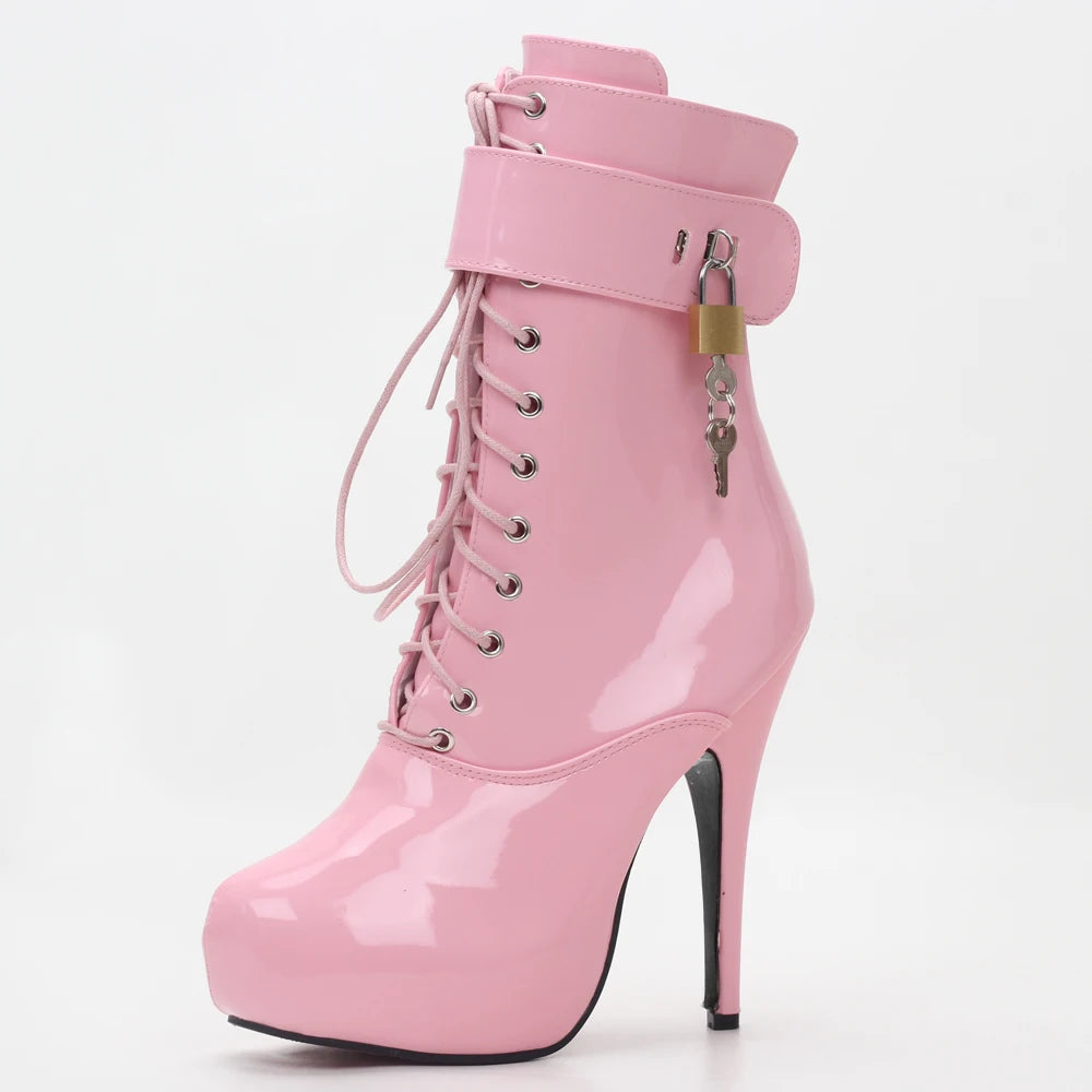 Sexy single boots Lace-Up 15cm High Thin heel 4CM platform ankle short boots Plus Size Padlocks Shoes