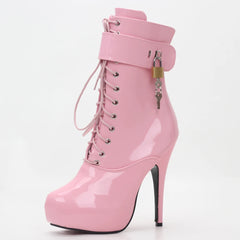 Sexy single boots Lace-Up 15cm High Thin heel 4CM platform ankle short boots Plus Size Padlocks Shoes