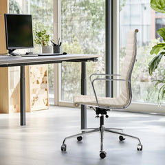 White Mid Back Genuine Leather Swivel Chairs Ergonomic Office Chair Adjustable Swivel Leather Gaming Chair Ribbed Office Chair