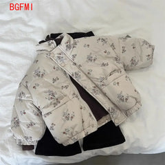 Winter Toddler Girl Parkas Cotton Padded Floral Print Long Sleeve Baby Girls Outerwear Coat Loose Thicken Warm Kid Girl Snowsuit
