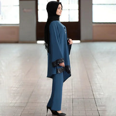 Ramadan 2 Piece Set Muslim Women Turkey Asymmetry Abaya Blouse Wide Leg Pants Kaftan Eid Suits Islamic Clothes Djellaba Musulman