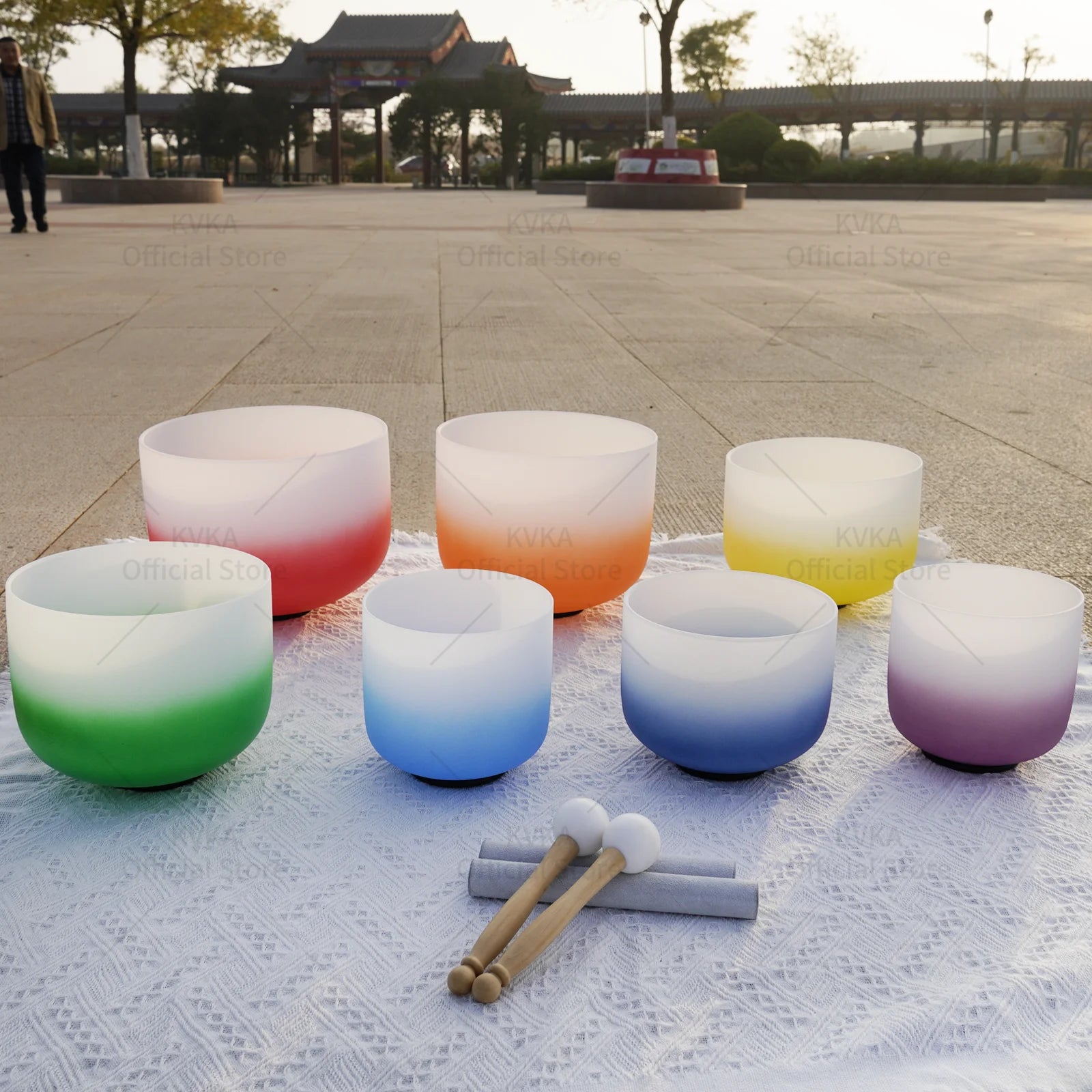 KVKA  6-12 inch Or 7-12 Inch 432hz or 440hz Gradient Half Colored Chakra Frosted Quartz Crystal Singing Bowl for Yoga Sound