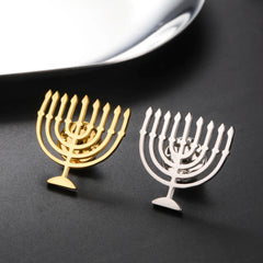 Jewish Menorah Candle Holder Brooch for Women Men Stainless Steel Faith Lamp Shirt Suit Badge Pin Religious Judaica Accessories
