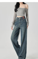 Women's Narrow Cut Wide Leg Jeans With High Waist And Hanging Feeling Straight Leg Casual Look Slim Contrasting Colors Pants