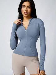 Women's Solid Color Zipper Turtleneck Sports Jacket, Long-Sleeved Sports Top, Gym Wear, Ladies' Sportswear for Indoor and Outdoo