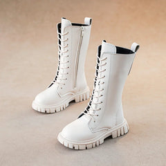 Autumn/Winter ZIP Fashion Cool Baby Girls Warm Square Heel Round Toe Casual Lace-Up Comfortable Kids Black Mid Boots