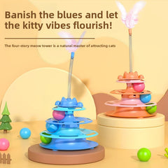 4-Layers Feather Cat Turntable with Fun Toy Ball and Playing Stick Interactive Cat Toy Tower Kitten Turntable Track Roller Balls Pet Shop