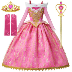 Girl Aurora Princess Dress Children Luxurious Cosplay Costume Rose Pink Briar Rose Outfit Kids Carnival Birthday Party Clothing