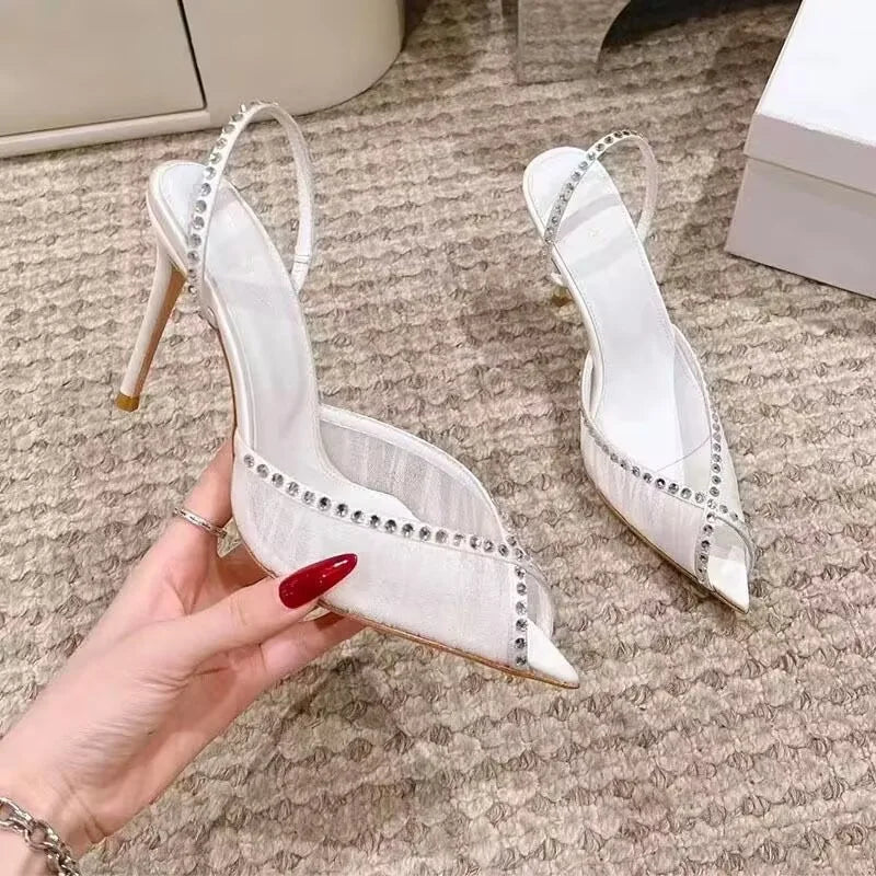 Summer new pointed fish mouth lace mesh rhinestone rivet wedding shoes thin high-heeled banquet dress large size women's sandals Heels