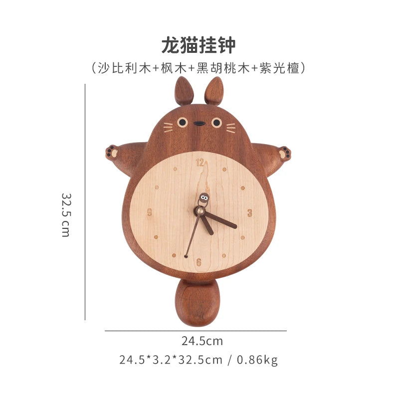 Creative Totoro Wall Clock Solid Wood Cute Living Room Pendulum Hanging Wall Decoration Wall Clocks Ins Style Home Decor Gift