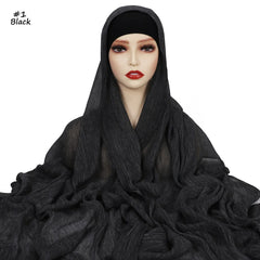 Ramadan Crinkle Rayon Hijabs with Cap Muslim Hijabs for Women Shawls Solid Instant Headscarf Wraps Stripe Islamic Turban Foulard