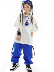 Jazz Dance Clothes Boys Girls Hip Hop Costume Loose Shirt Blue Pants Boys Breaking Street Dance Outfit Short Sleeves Suit