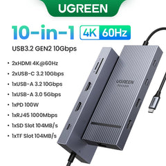 UGREEN USB HUB 4K120Hz DP Type-C to 4K60Hz 2xHDMI SD/TF RJ45 3.5mm USB3.2 Gen2 10Gbps Data for Laptop Dell HP Lenovo Accessories