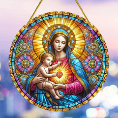 Virgin Mary Suncatcher - Round Acrylic Wall Art, Stained Style Hanging Decor, Ideal for Living Room, Bedroom,Perfect Family Gift