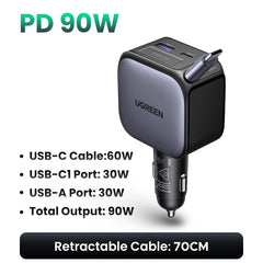 UGREEN 145W 90W 60W Car Charger 3 USB-C & 1 USB-A Ports PD QC4.0 Fast Charging with Retractable Cable for iPhone 17 16 MacBook