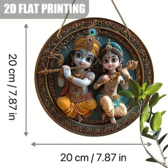 Charming Round Krishna & Radha Wall Ornament: Traditional Hindu Present, Rustic Spiritual Decor Piece
