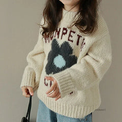 Girls' Letter Flower Pullover Sweater 2026 Spring and Autumn New Korean Children's Fashionable Knitted Sweater Casual Top