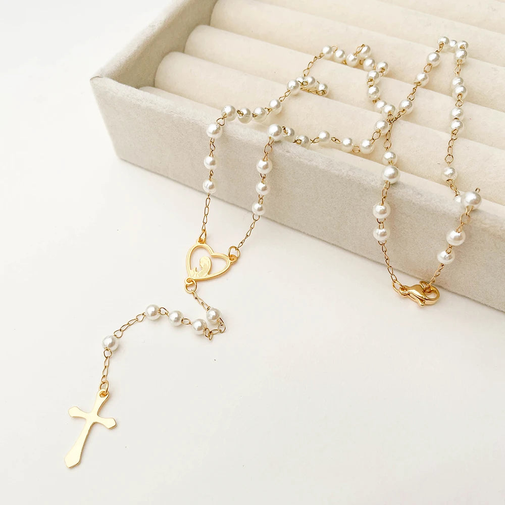 Y Shape Beads Chain Gold Color Stainless Steel Virgin Mary Cross Rosary Pendant Long Necklace Women Girls Jewelry Spiriti Pray