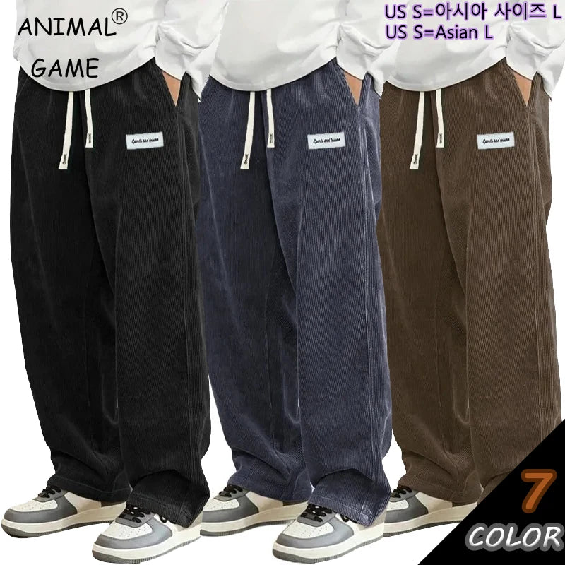 Animal Game Outdoor Mens Corduroy Casual Pants Loose Fit Baggy Pants Straight Sweatpants Elastic Waist Drawstring Streetwear