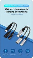 NNBILI 2in1 1in1 USB Type C to 3.5mm Headphone Audio Aux jack Adapter PD 60W Fast Charging Cable for iPhone 15 Samsung Xiaomi